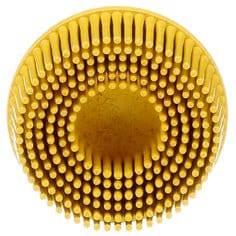 3M Scotch-Brite SB18732 yellow Roloc bristle discs with 80 grit, 2-inch diameter and 5/8-inch attachment for surface finishing and cleaning.