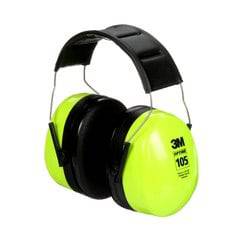 3M Peltor Optime 105 over-the-head communication earmuffs in black and green with adjustable headband.