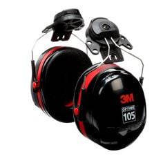 3M Peltor OPTIME 105 cap-mount communication earmuffs in black and red, designed for noise reduction and hearing protection.