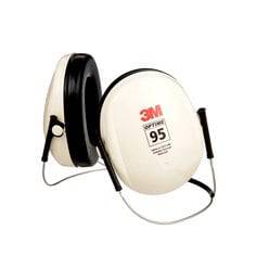 3M Peltor Optime 95 behind-the-head hearing protectors in black and tan, designed for communication and noise reduction.