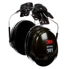 3M Peltor H7P3E Optime 101 cap-mount communication earmuffs in black and green, designed for hearing protection in noisy environments.