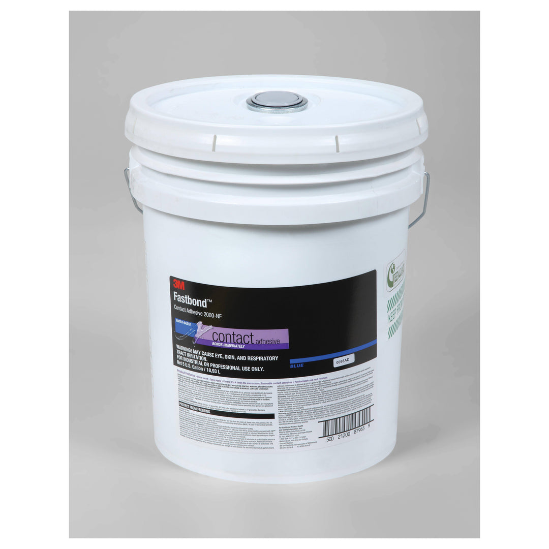3M Fastbond 2000NF contact adhesive in blue, 5-gallon pail, suitable for bonding various materials in industrial applications.