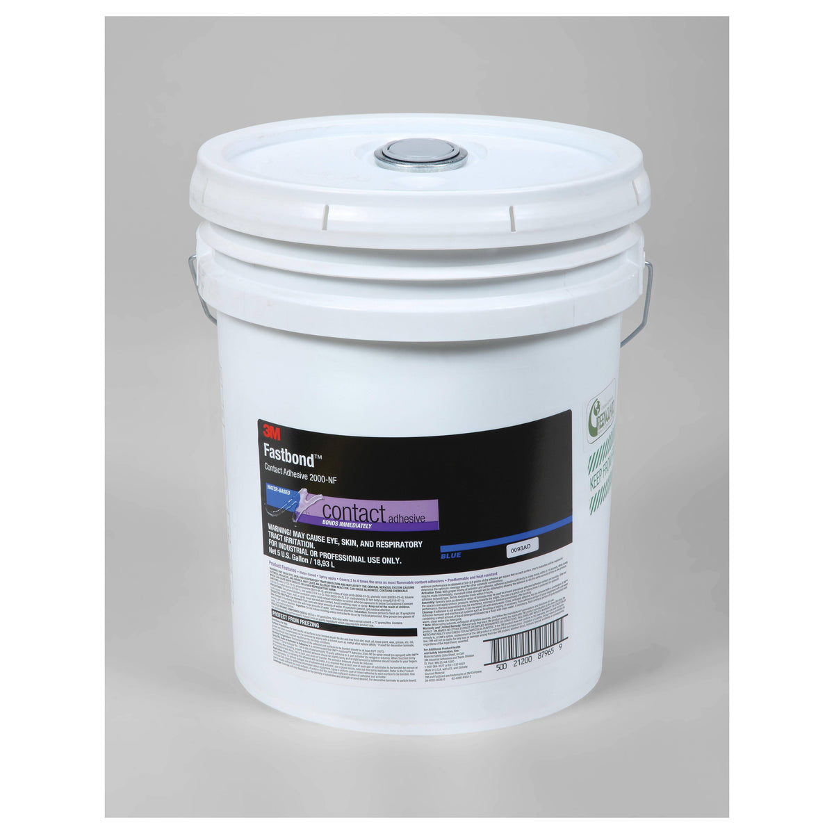 3M Fastbond 2000NF contact adhesive in blue, 5-gallon pail, suitable for bonding various materials in industrial applications.