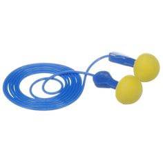 3M E-A-Rsoft E-A-R Express corded earplugs in yellow and blue with flexible cords for hearing protection and noise reduction.