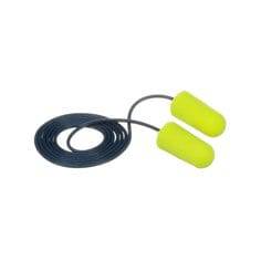 Yellow 3M E-A-Rsoft metal detectable corded earplugs for safety and noise reduction, with cord attachment for secure fit.