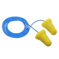 3M E-A-Rsoft E-Z-Fit corded earplugs in yellow with attached cord, designed for hearing protection and noise reduction.
