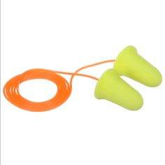 3M E-A-Rsoft Fx corded earplugs with soft foam tips and cord for hearing protection, shown in a close-up image.