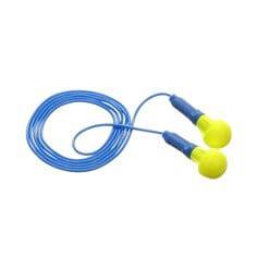 3M E-A-Rsoft push-in corded earplugs in yellow and blue for hearing protection, shown in a close-up image.