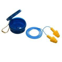 3M E-A-R Ultrafit corded earplugs in yellow with flexible cords, designed for hearing protection and comfort.