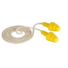 3M E-A-Rsoft Ultrafit corded earplugs in yellow, with a flexible cord for hearing protection and noise reduction.