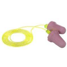 3M No-Touch P2001 foam corded ear plugs in purple for hearing protection, shown in a close-up image.