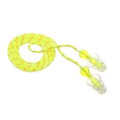 3M P3001 tri-flange corded earplugs in yellow with cord for hearing protection and noise reduction.