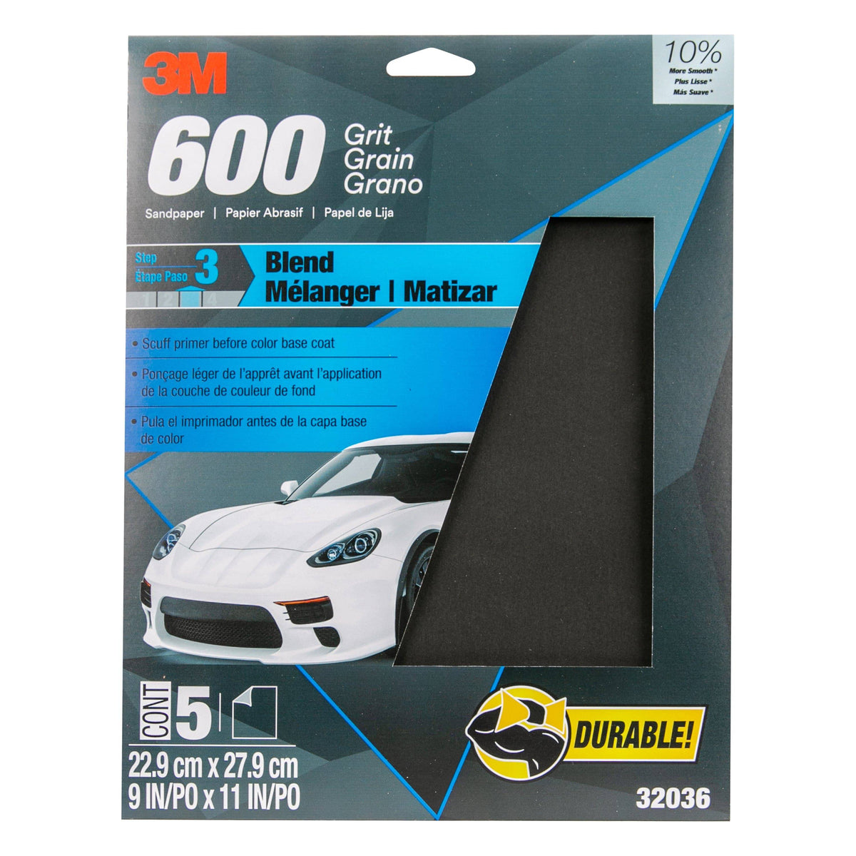 3M Wetordry Sandpaper 600 Grit, 9x11 inch, ideal for wet sanding and surface finishing, shown with abrasive surface texture.