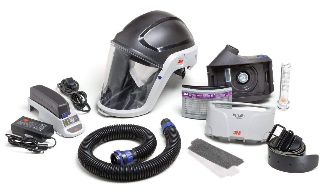 3M Versaflo TR-300N+ HIK heavy industry powered air purifying respirator kit with face shield and filter components.