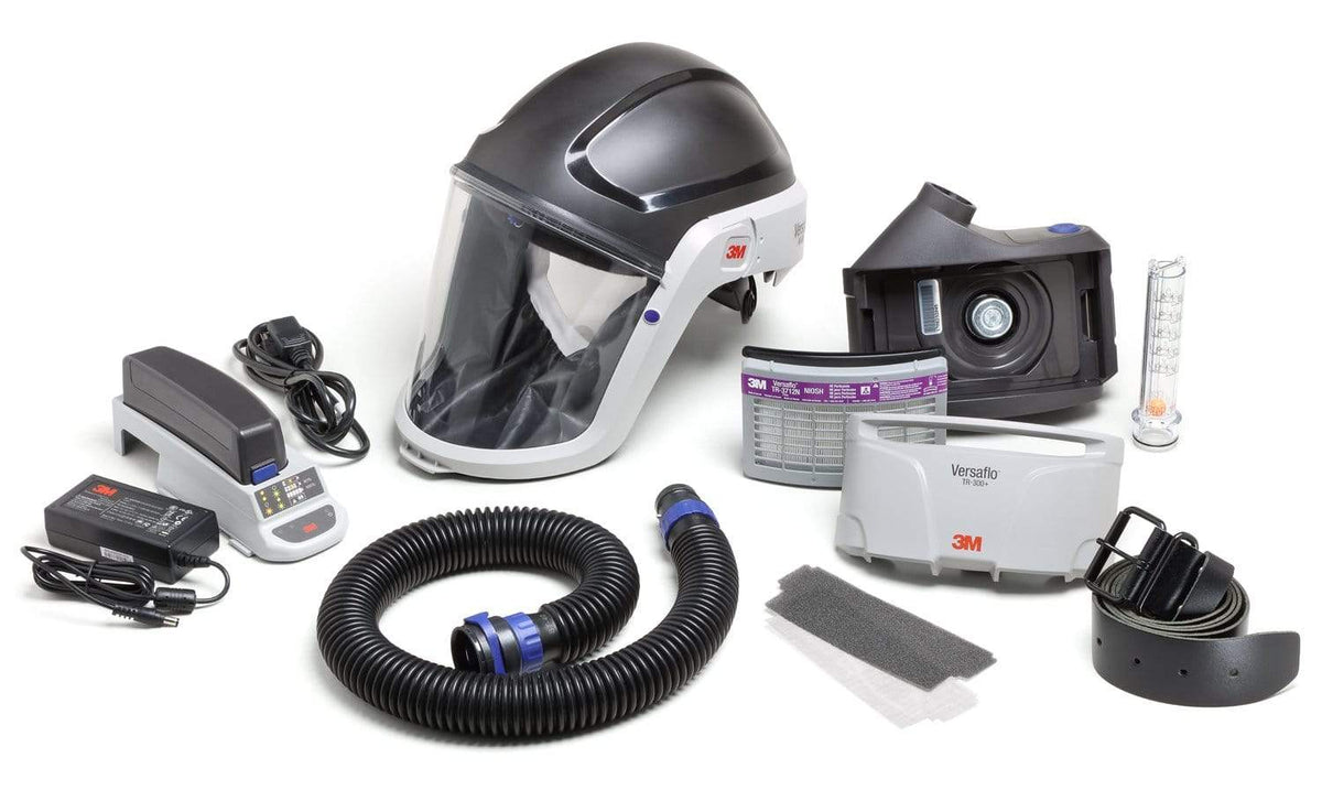 3M Versaflo TR-300N+ HIK heavy industry powered air purifying respirator kit with face shield and filter components.