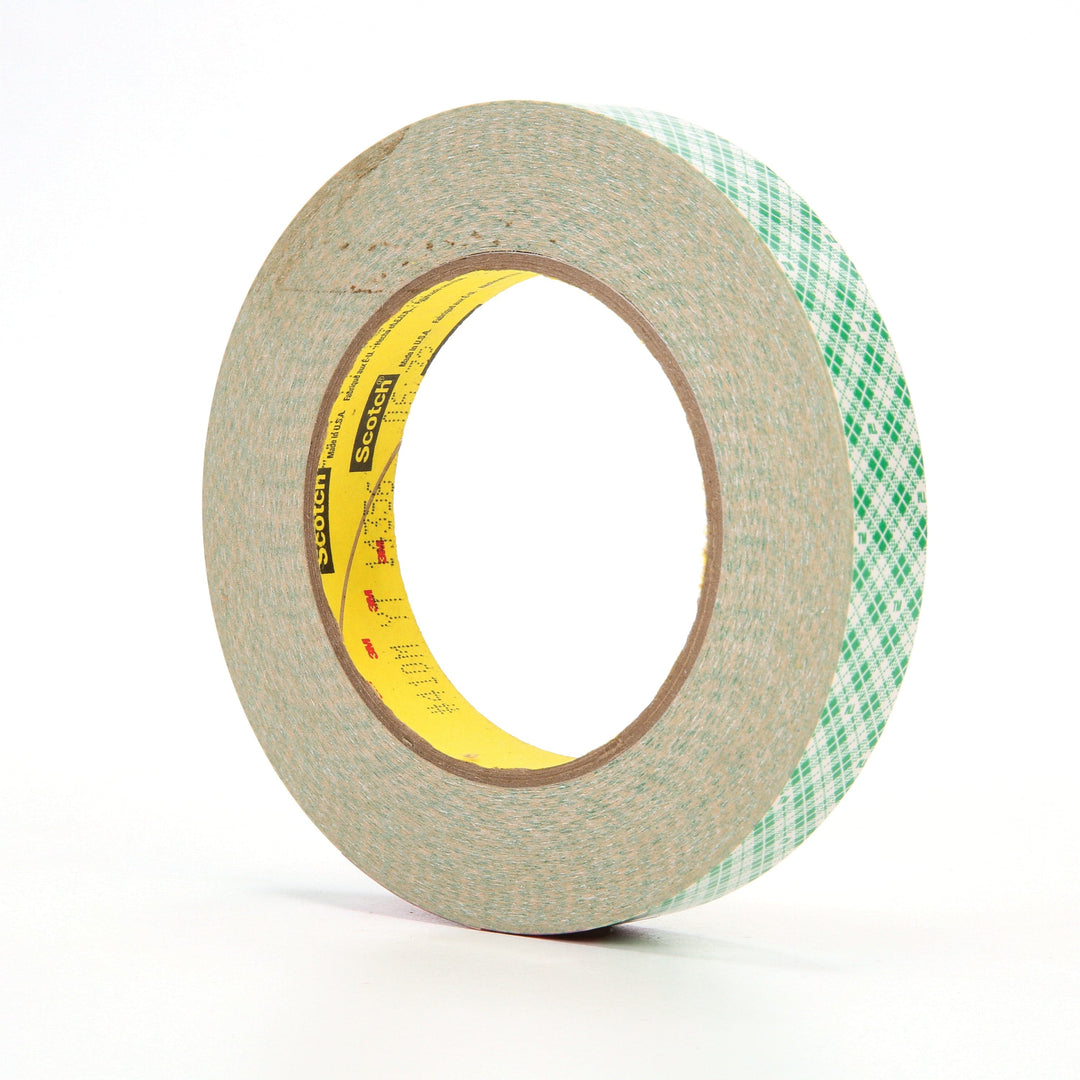 3M 410M double coated paper tape, 3/4 inch x 36 yards, white 5 mil, double-sided adhesive tape on white backing.