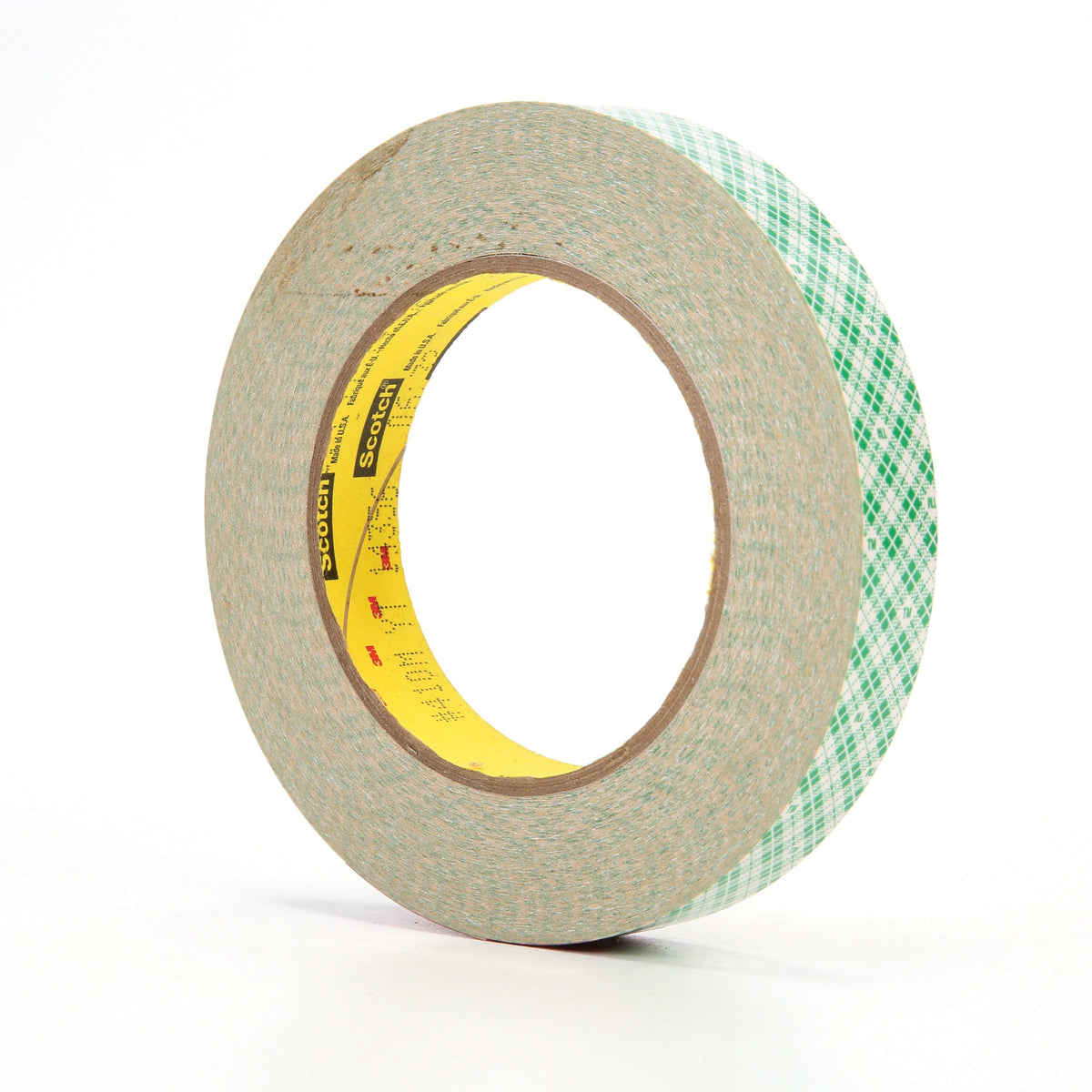 3M 410M double coated paper tape, 3/4 inch x 36 yards, white 5 mil, double-sided adhesive tape on white backing.