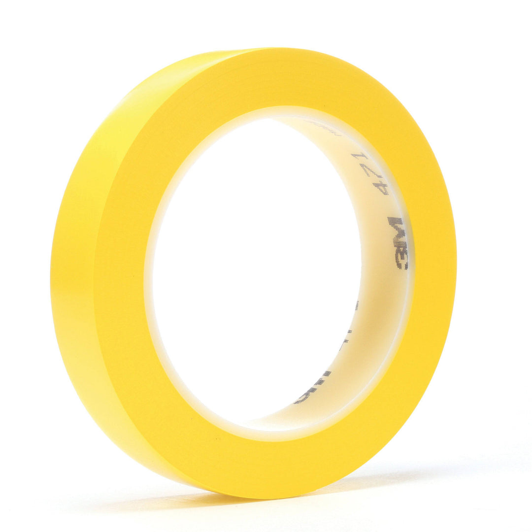 3M Vinyl Tape 471 in yellow, 1/2 inch x 36 yards, 5.2 mil thick, used for electrical and industrial applications.