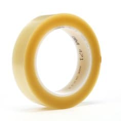 3M Vinyl Tape 471 transparent 1-inch by 36 yards, 5.2 mil thick, shown in a roll with clear vinyl material.