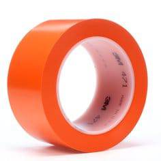 3M Vinyl Tape 471 in orange, 2-inch by 36 yards, 5.2 mil thick, shown in the image with a roll of flexible electrical tape.