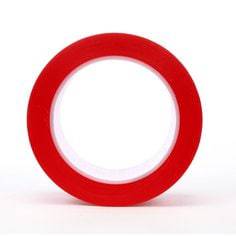 3M Vinyl Tape 471 in red, 2-inch wide by 36 yards long, with a 5.2 mil thickness, shown rolled out on a flat surface.