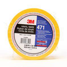 3M Vinyl Tape 471 in yellow, 2-inch by 36 yards, 5.2 mil thickness, shown individually wrapped for electrical and insulation use.