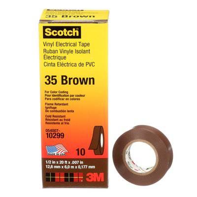 3M Scotch electrical tape in brown, 35-1/2 inch x 20 ft, professional-grade vinyl color coding electrical tape, 7 mil thickness.