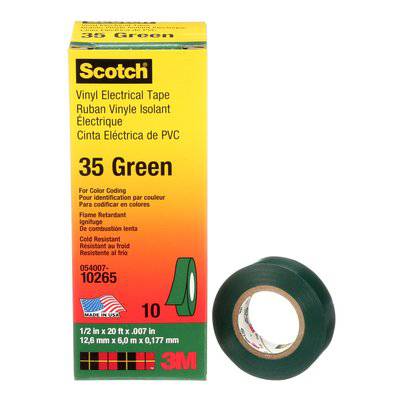 Green 3M Scotch vinyl electrical colour coding tape, 7 mil thickness, 1/2 inch x 20 ft for professional electrical wiring.