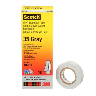 3M Scotch vinyl electrical color coding tape in gray, 1/2 inch x 20 feet, 7 mil thickness, professional-grade electrical tape.