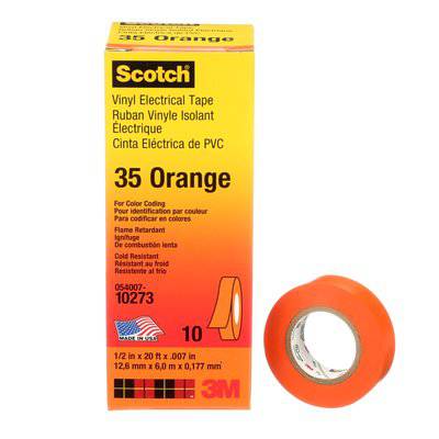 Orange 3M Scotch vinyl electrical tape 35, 1/2 inch x 20 ft, 7 mil thickness, ideal for color coding electrical wiring.
