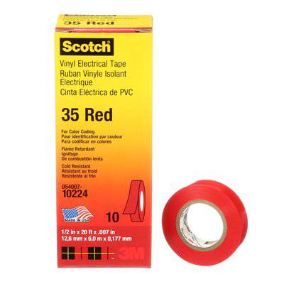 Red 3M Scotch vinyl electrical tape 35, 1/2 inch by 20 feet, professional-grade color coding electrical tape.