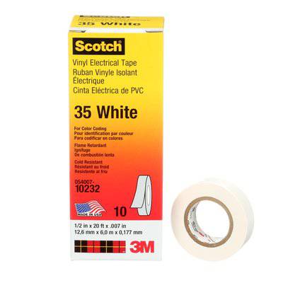 3M Scotch white vinyl electrical color coding tape, 1/2 inch x 20 ft, 7 mil thickness, used for electrical wiring insulation.