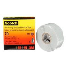 3M Scotch 70-1X30 self-fusing silicone rubber electrical tape in sky blue and grey, 1 inch by 30 feet, 12 mil thickness.