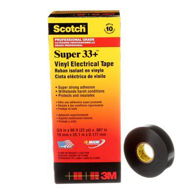 Black 3M Scotch Super 33+ vinyl electrical tape, 1.5-inch by 36 yards, professional grade, 7-mil thickness, ideal for electrical wiring.