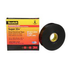 Black 3M Scotch Super 33+ electrical tape, 3/4 inch by 36 yards, professional-grade vinyl electrical tape in utility pack.
