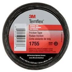 3M Temflex 1755 black cotton friction electrical tape, 3/4 inch by 60 ft, 13 mil thickness, used for insulation and electrical repairs.