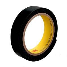 Black 3M SJ3419FR flame-resistant hook and loop fastener, 3/4 inch by 50 yards, shown laid out for fastening applications.