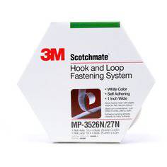 3M white hook and loop fastener MP3526N and MP3527N, 1 inch by 5 yards, shown in a close-up image.