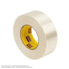 3M Scotch 8915 filament tape in clear, 1.88-inch wide, showing strong, durable tape with reinforced fibers for packaging and bundling.