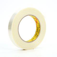 3M Scotch 8959-19X50 bi-directional filament tape in clear, 0.74-inch wide, shown rolled with sturdy fiberglass filaments.