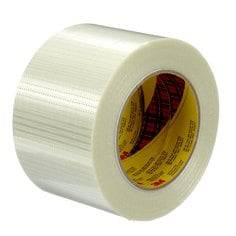 3M Scotch 8959-75X50 clear bi-directional filament tape, 2.95-inch by 54.68 yards, used for heavy-duty packaging and bundling.