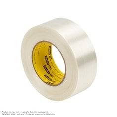3M Scotch 8981-12X330 filament tape in clear, 0.47 inch wide, shown rolled out with strong filament fibers for packaging.