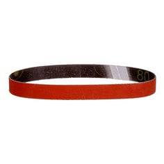 3M AB77992 3/4 inch x 18 inch sanding belt with 80 grit ceramic alumina abrasive and flexible polyester backing for file sanding.