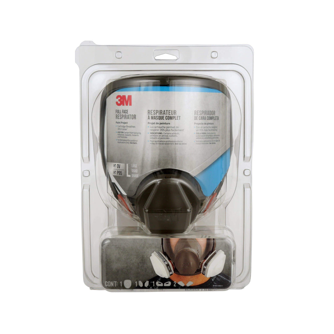 3M full face paint project reusable respirator in black, large size, with adjustable head straps and filter cartridges attached.