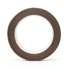 3M 5451-1X36 PTFE glass cloth tape in brown, 5.6 mil thick, 1 inch wide, 36 yards long, used for insulation and protection.