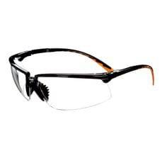 3M Privo protective eyewear with clear anti-fog lens, black frame, orange accents, designed for safety and comfort.