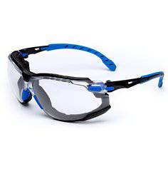 3M Solus protective eyewear with clear Scotchgard anti-fog lens, black and blue safety glasses from the 1000-Series kit.