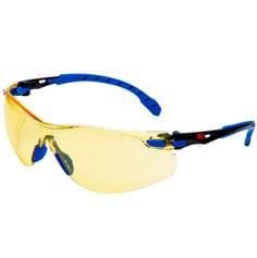 3M Solus S1103SGAF protective eyewear with amber Scotchgard anti-fog lens in black and blue, designed for safety and clear vision.