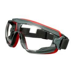 3M Scotch GG501SGAF splash goggles with clear Scotchgard anti-fog lens, black and red frame, designed for protective eye wear.