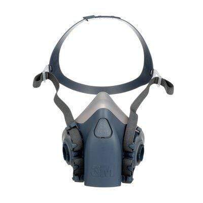 3M 7501 small half facepiece reusable respirator with adjustable head straps and filter ports for respiratory protection.